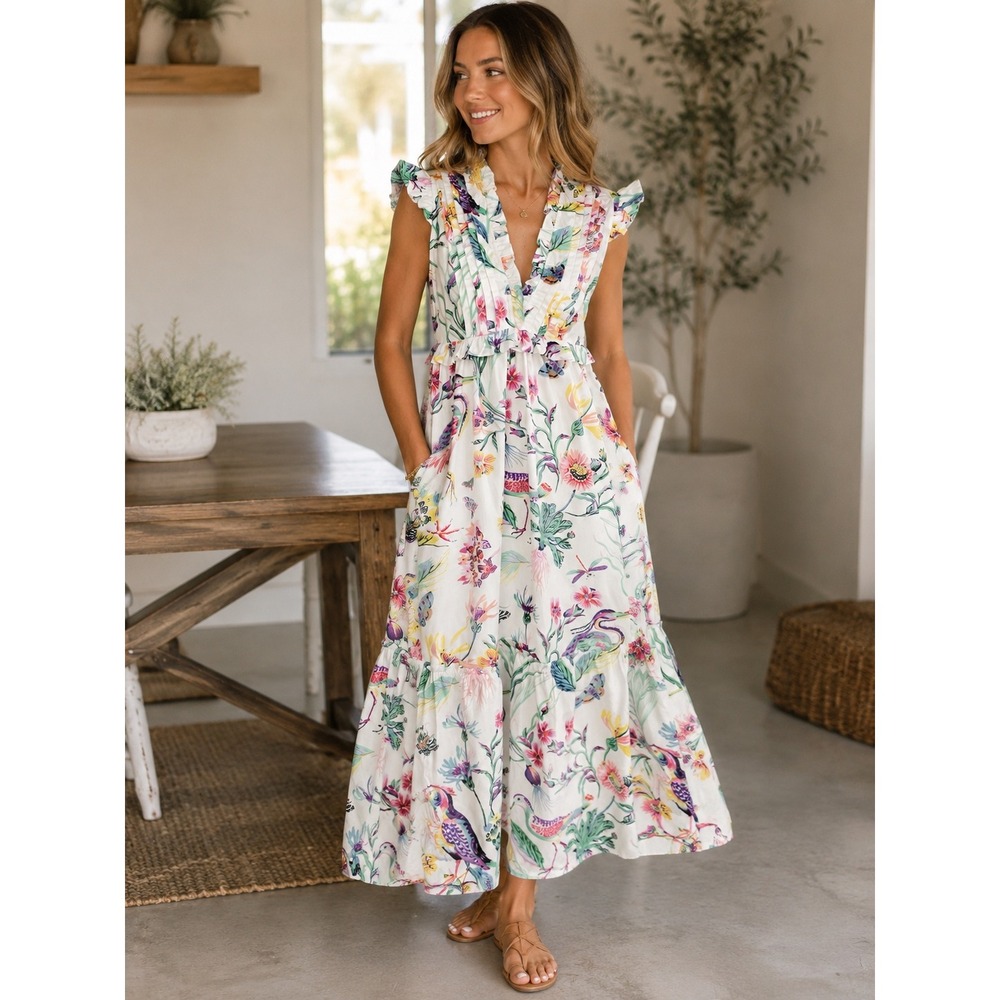 Banjanan Maxi Dress Women 4 White Floral Bird Butterfly Ruffle Pintuck V-Neck